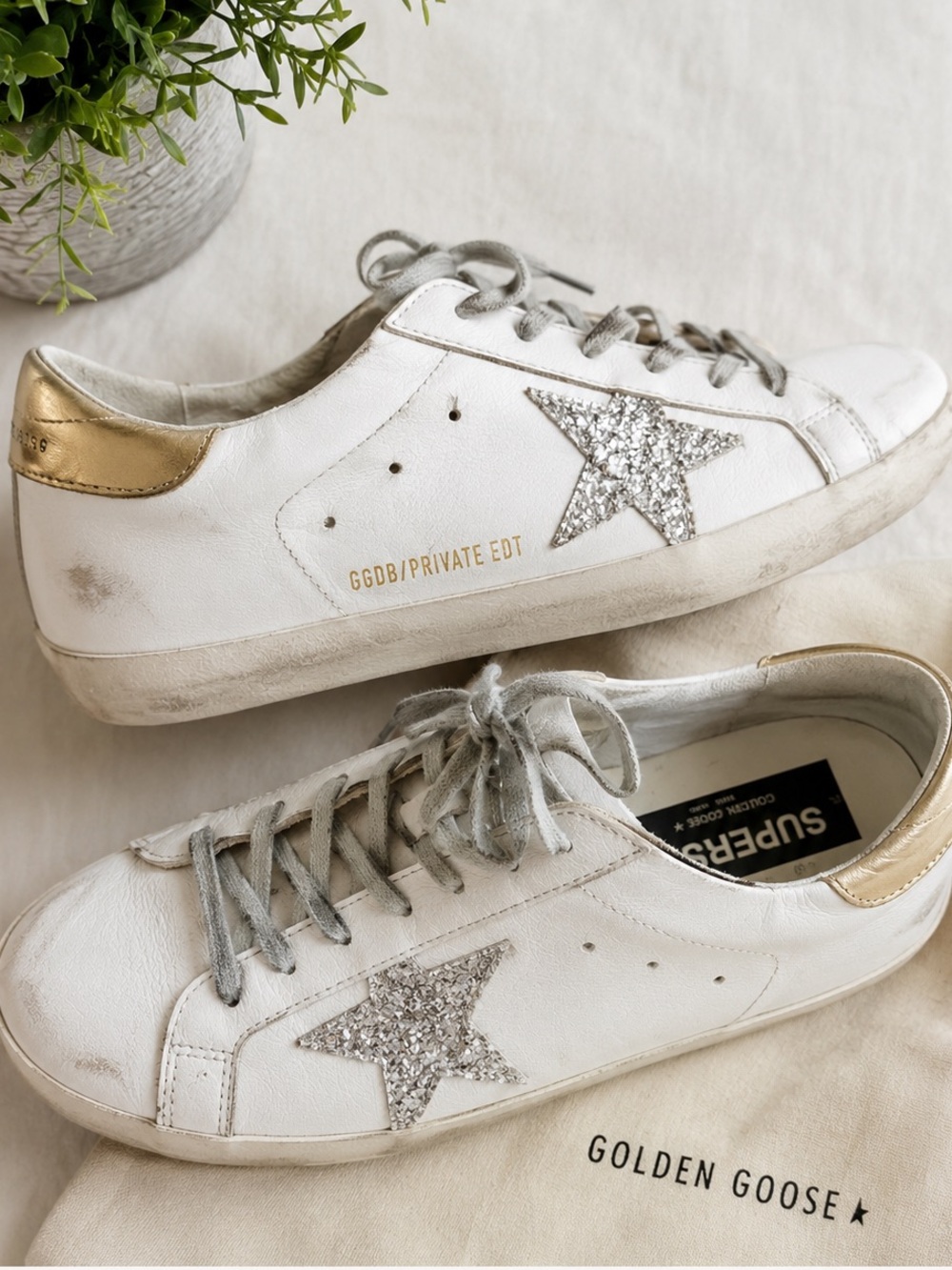 Golden Goose White Leather Sneakers with Gold Heel and Silver Glitter Star